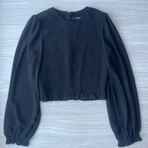 Quince Chiffon Cropped Smocked Blouse Navy Blue sz S NWT Long Sleeve Sheer Arm